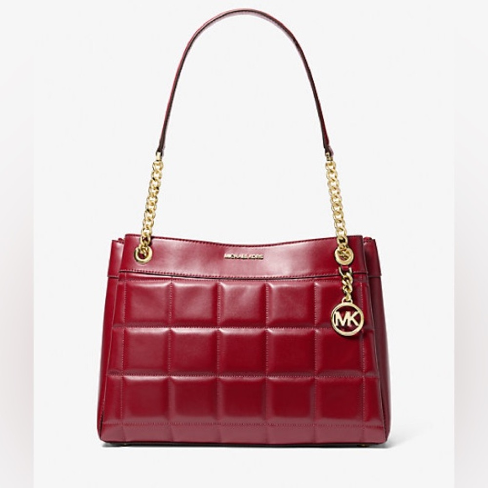 Michael Kors Susan Medium Chain Quilted Leather Tote Bag Deep Red